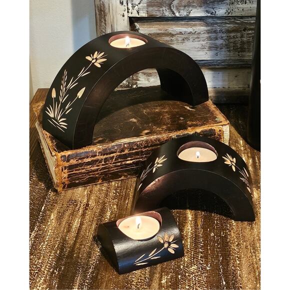Boho Chic Wooden Floral Candle Holders Set/3 - Hand Carved Arch Tea Light Trio - Picture 2 of 10